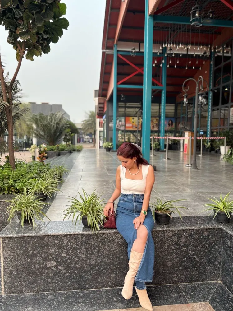 Front Slit Long Denim Skirt - NEWME