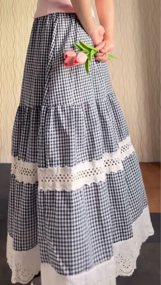 Blue Gingham Lace Insert Tiered Skirt - NEWME