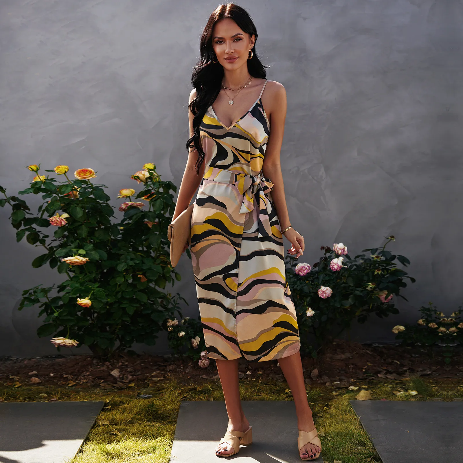 Long sleeve contrast abstract print slit midi dress