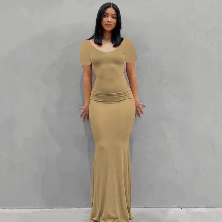 Solid Short Sleeve Bodycon Maxi Dress - Image 1