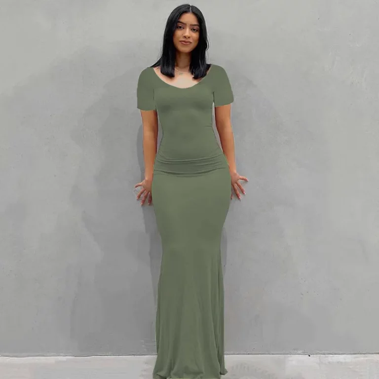 Solid Short Sleeve Bodycon Maxi Dress - Image 1