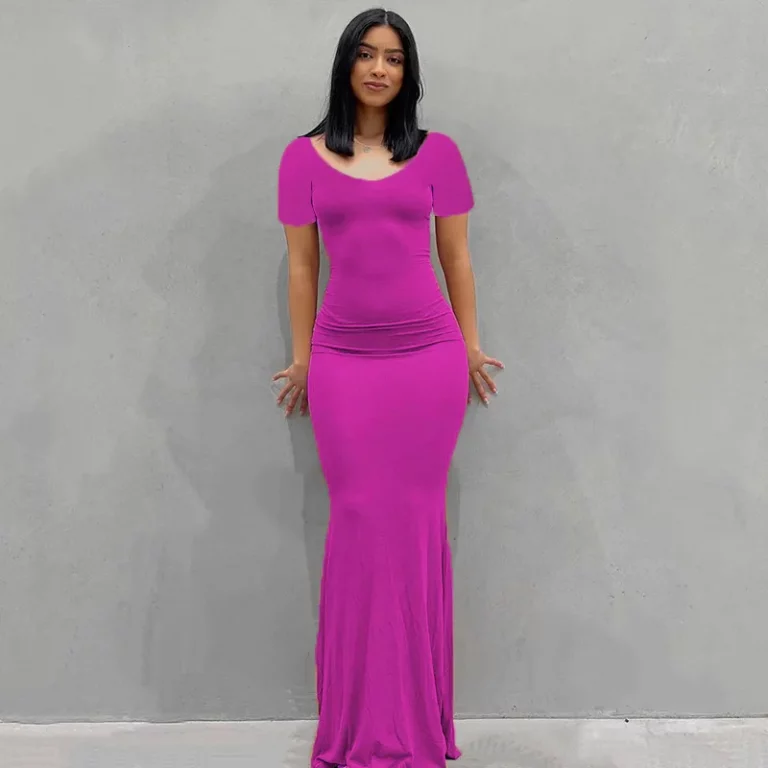 Solid Short Sleeve Bodycon Maxi Dress - Image 1