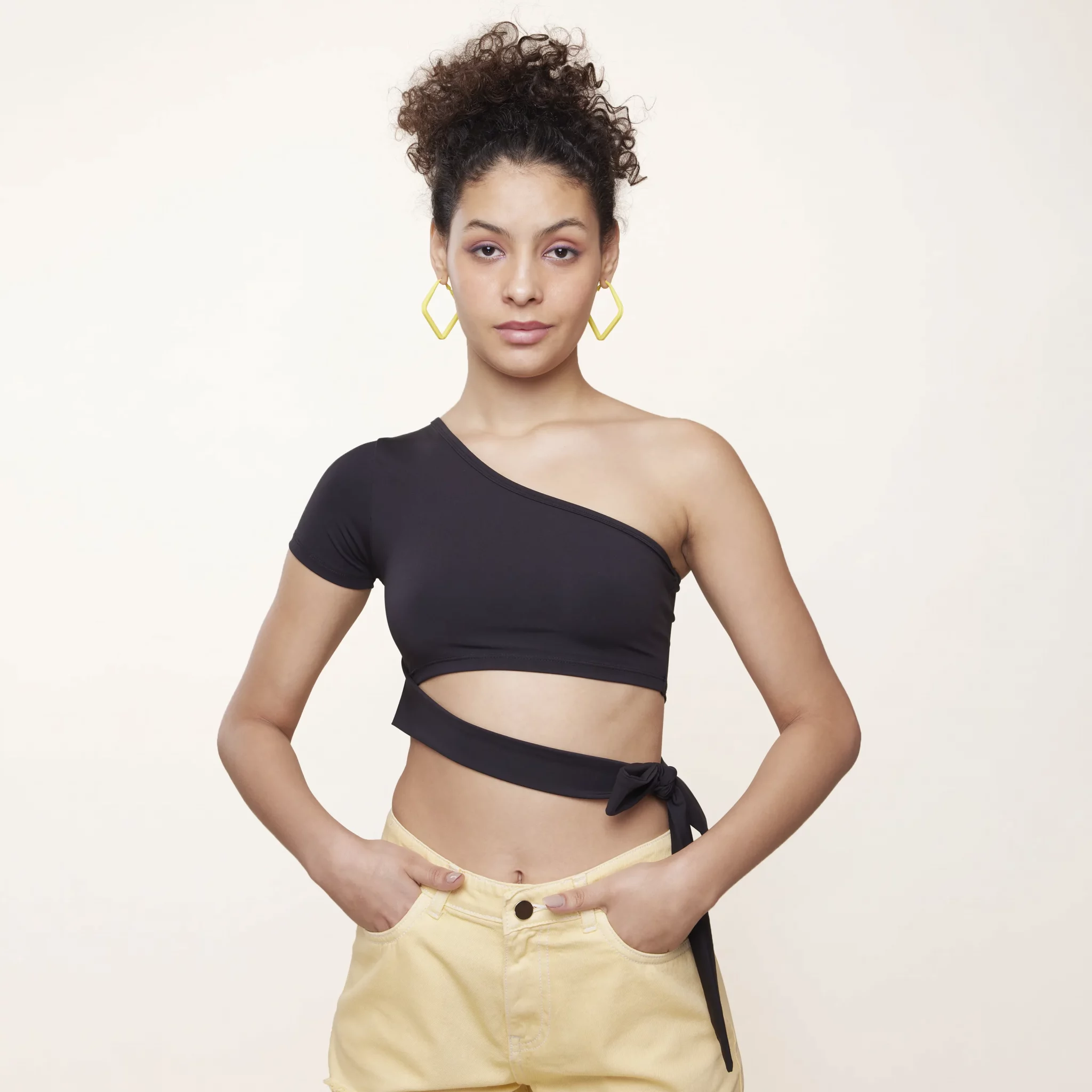 One Shoulder Side Tie Up Crop Top - NEWME