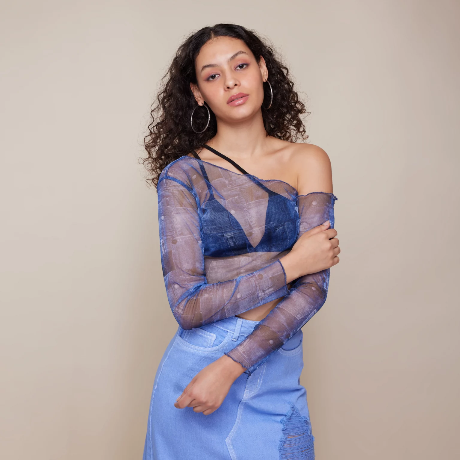 One Shoulder Mesh Crop Top - NEWME