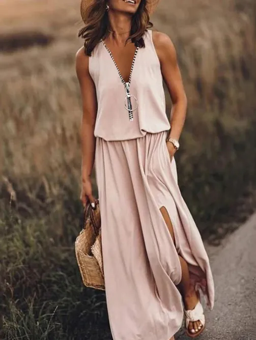 Solid Front Slit Zipper Dress - Image 1