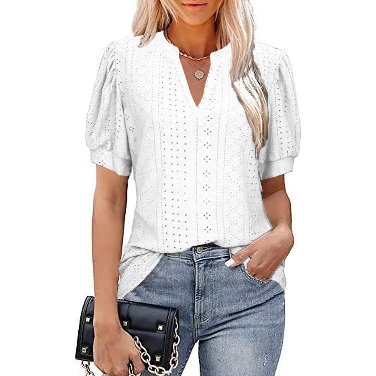 Puff Sleeve V-Neck Casual Top - Image 1