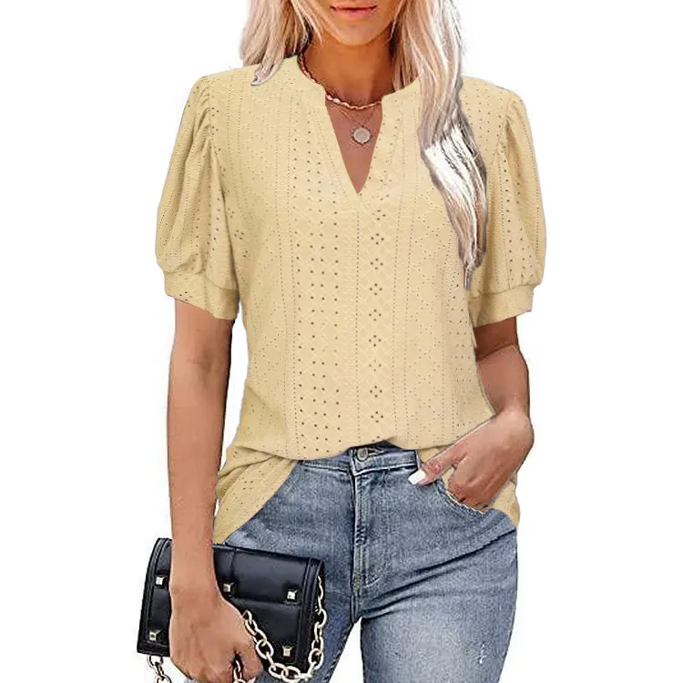 Puff Sleeve V-Neck Casual Top - Image 1