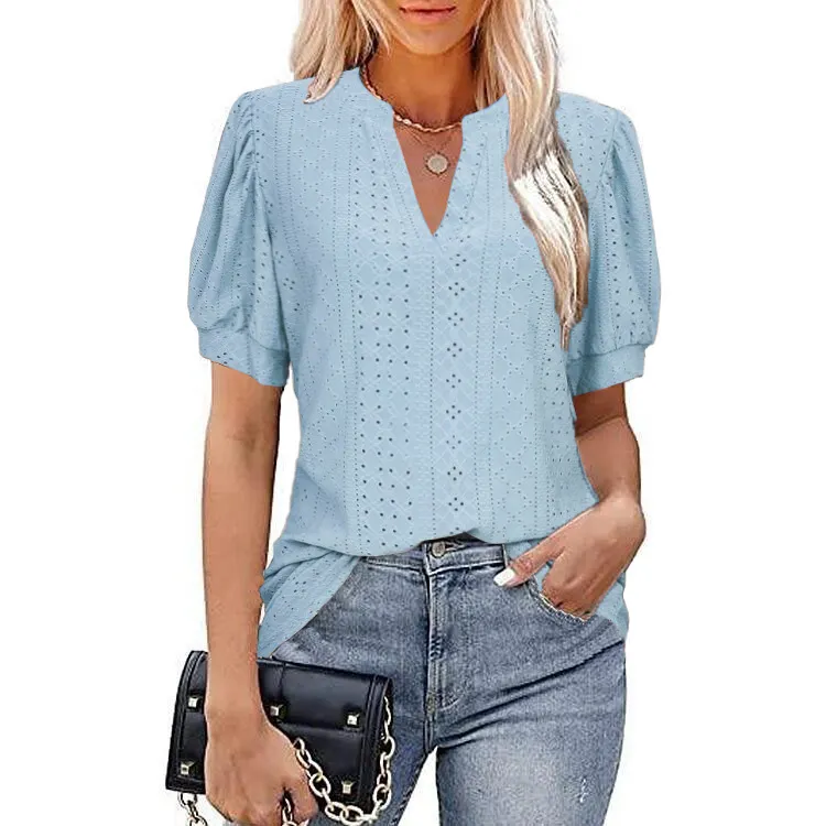 Puff Sleeve V-Neck Casual Top - Image 1