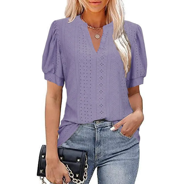Puff Sleeve V-Neck Casual Top - Image 1