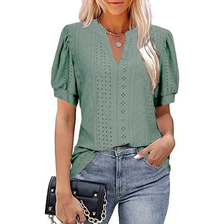 Puff Sleeve V-Neck Casual Top - Image 1