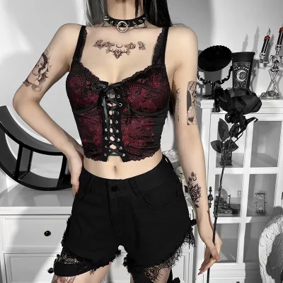 （新品✨）CORSET HEM LACE TOPS black josemoon Josamogre Black Corset Tops for Women with Sleeves Bustier