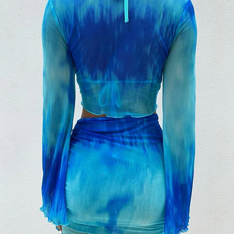 Abstract Tie Up Mesh Top And Mini Skirt Set - NEWME