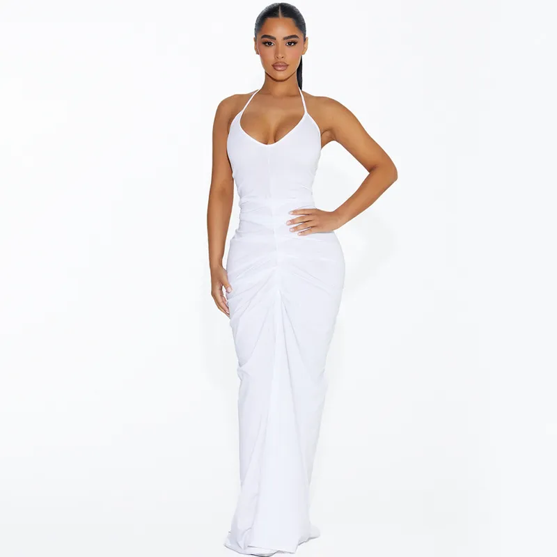 Solid Mock Neck Ruched Sleeveless Maxi Dress