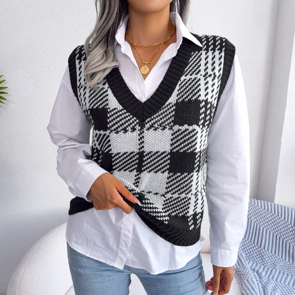 Black plaid oversized sweater vest — preppy layering piece