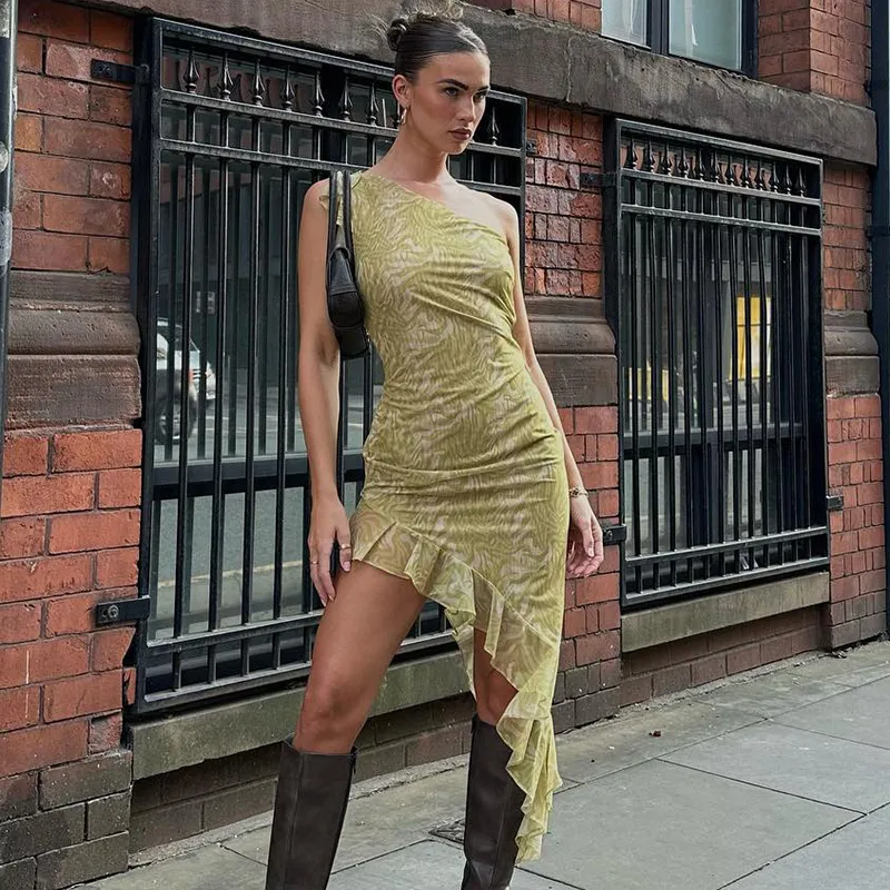 Asymmetric Shoulder Tie Detail Ruffle Midi Flared Dress