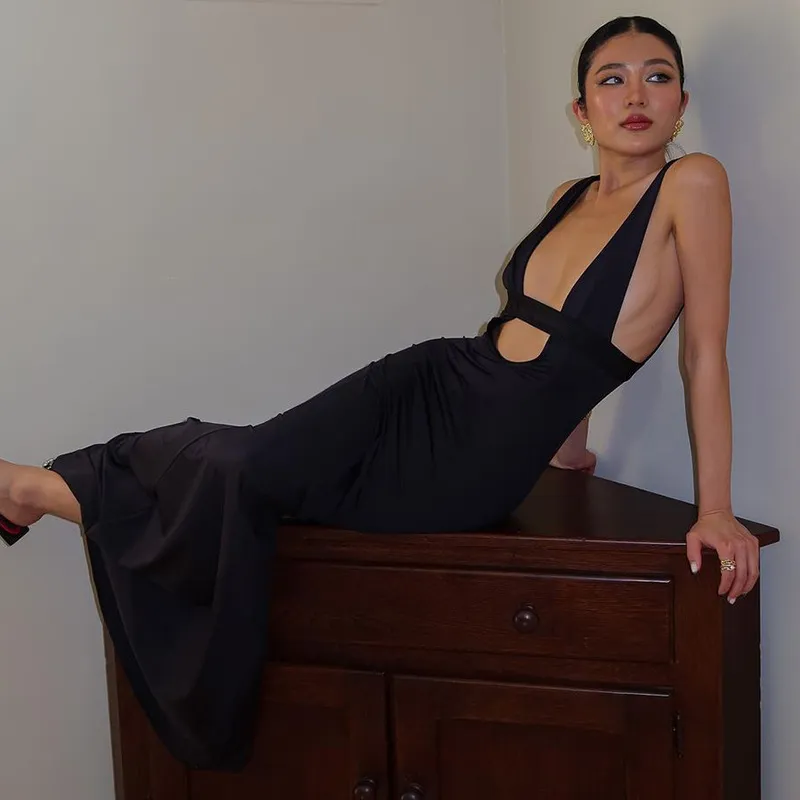 Long flared sleeve hollow out crewneck cut out maxi dress