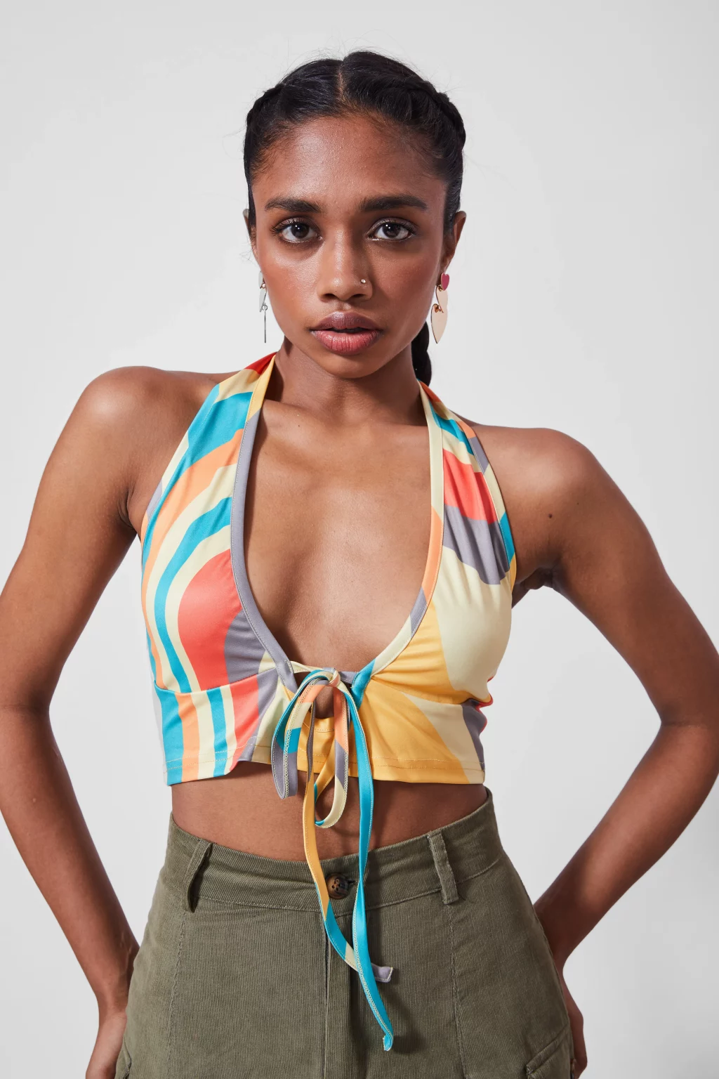 Printed Plunging Neck Tie Up Top - NEWME