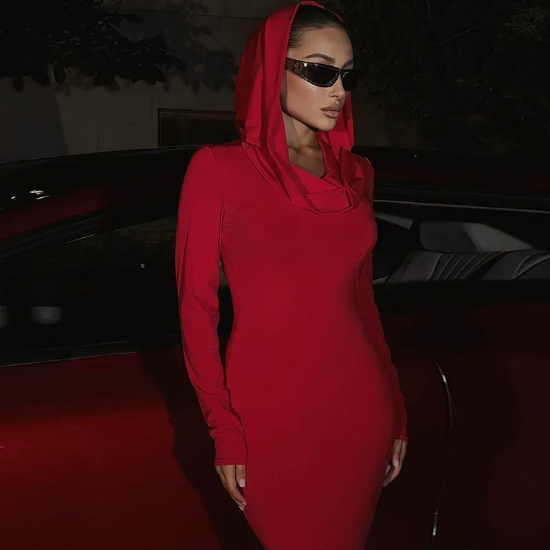 Solid Hooded Bodycon Maxi Dress - Image 2
