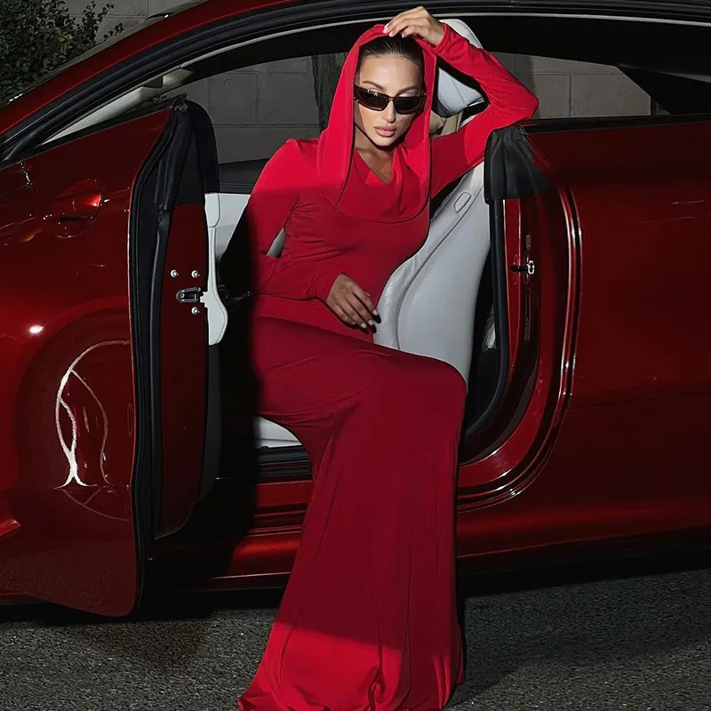 Solid Hooded Bodycon Maxi Dress - Image 3