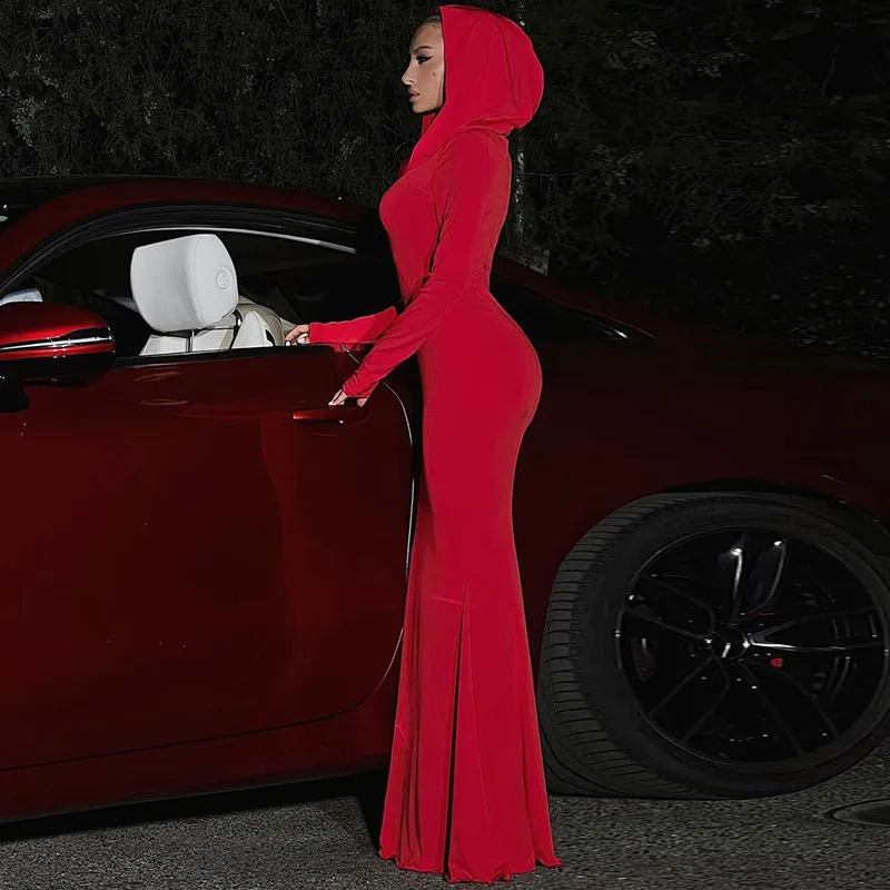 Solid Hooded Bodycon Maxi Dress - Image 4