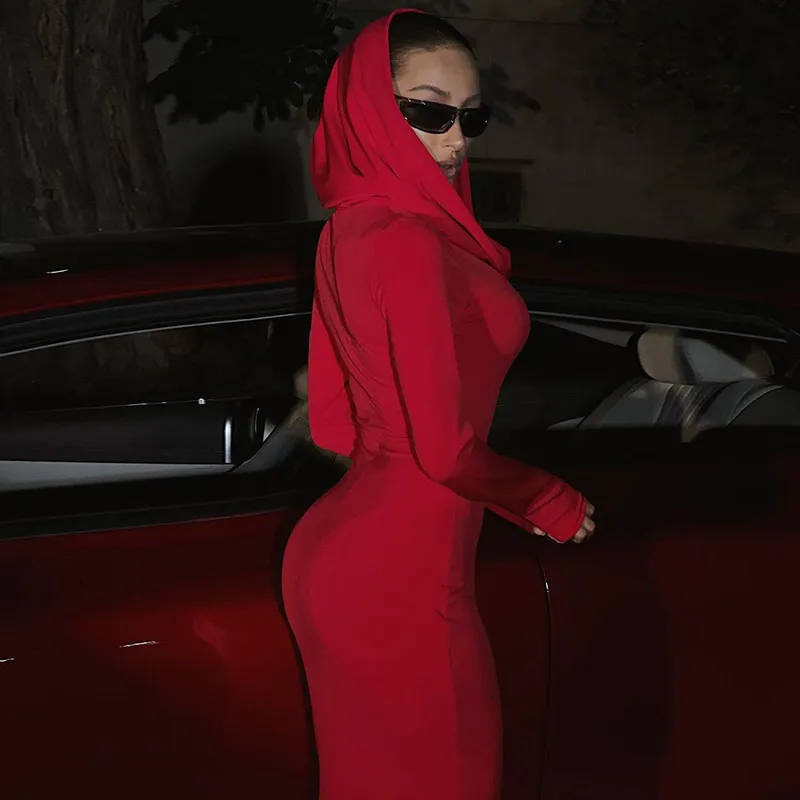 Solid Hooded Bodycon Maxi Dress - Image 5