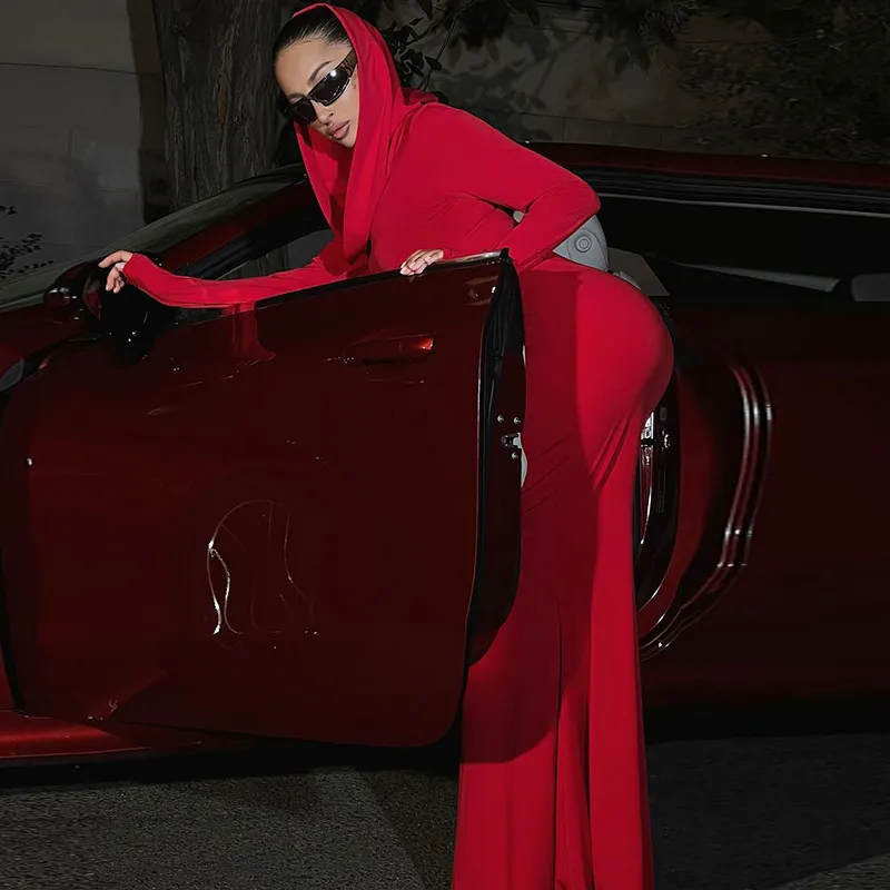 Solid Hooded Bodycon Maxi Dress - Image 6