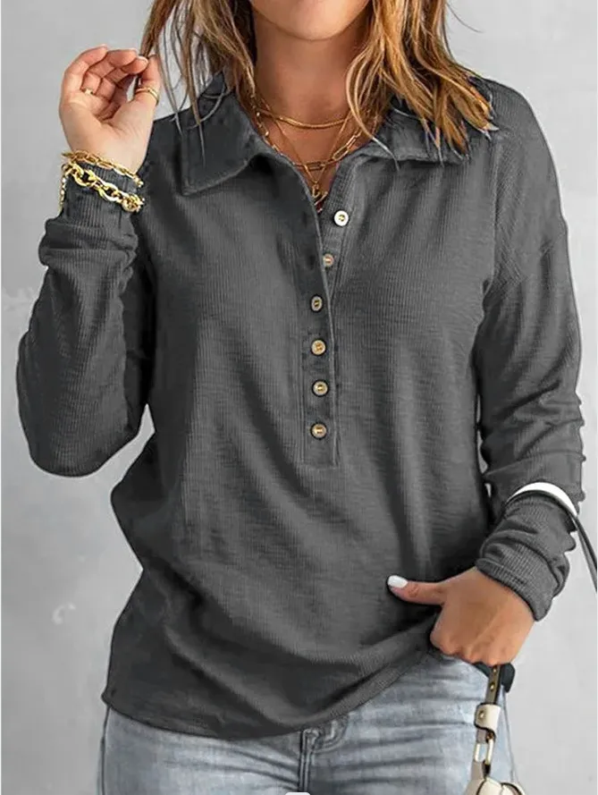 Pullover Casual Soft Knit Buttoned Sweatshirt - Image 1