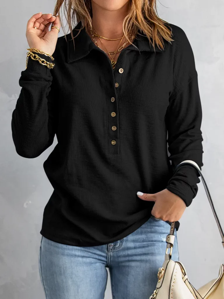 Pullover Casual Soft Knit Buttoned Sweatshirt - Image 1