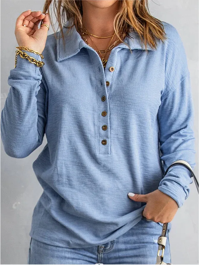 Pullover Casual Soft Knit Buttoned Sweatshirt - Image 1