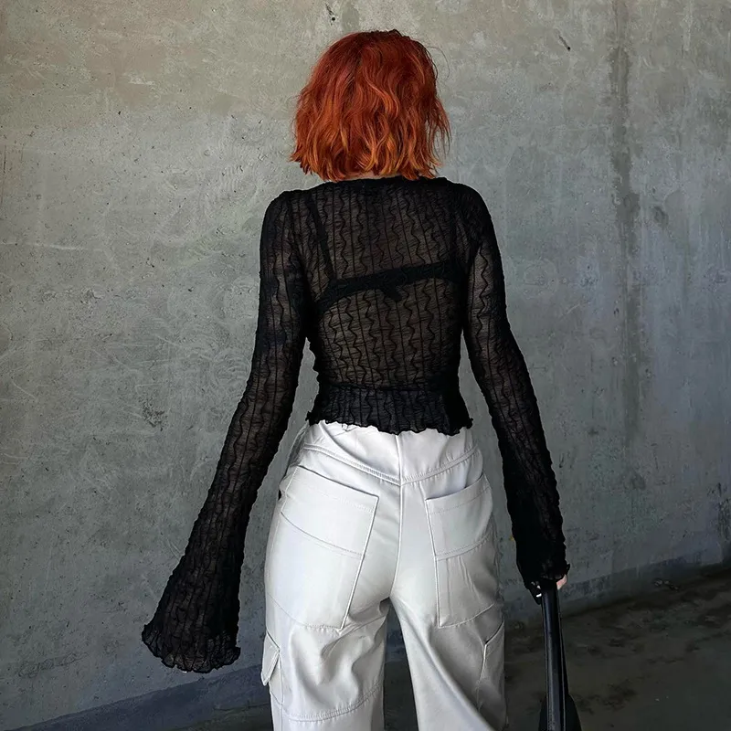 Sheer Mesh Open Front Tie Top - NEWME