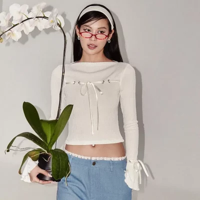 Bicolor ribbon tops white andmary② ANDMARY】Lona ribbon tops