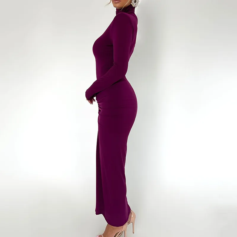 Women's Draped Brown Cowl Neck Ruched Bodycon Dress
