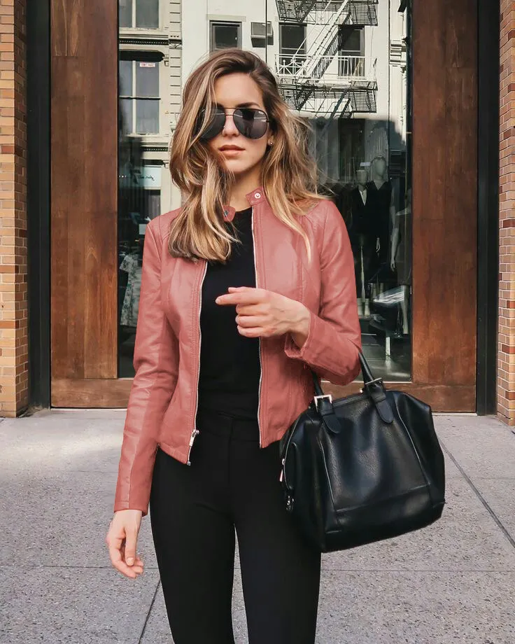 Pink Solid PU Moto Biker Jacket - Image 1