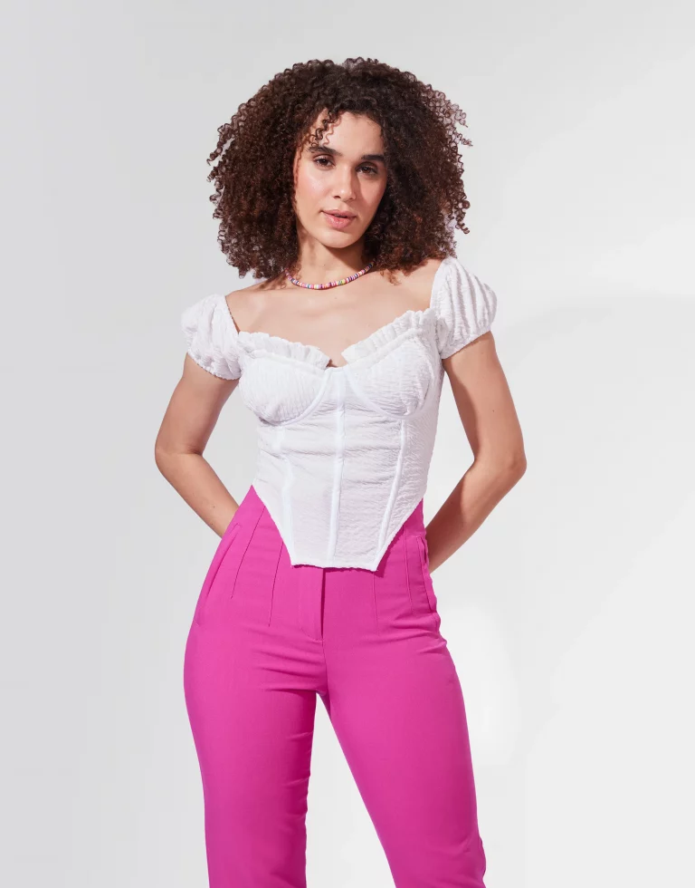 Ruched Neck Puffed Sleeves Corset Top - Image 1
