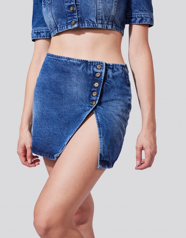 Slit Cut Buttoned Mini Denim Skirt - Image 1