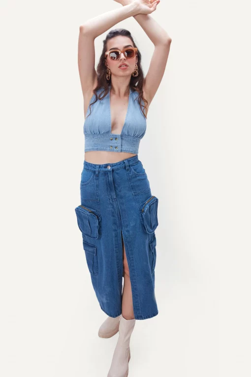 Denim Line Cargo Skirt With Front Slit - NEWME