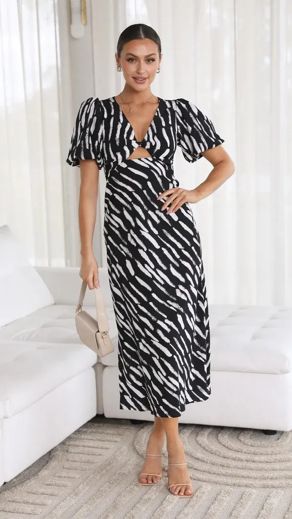 Printed V neck A line Midi Dress - Image 1