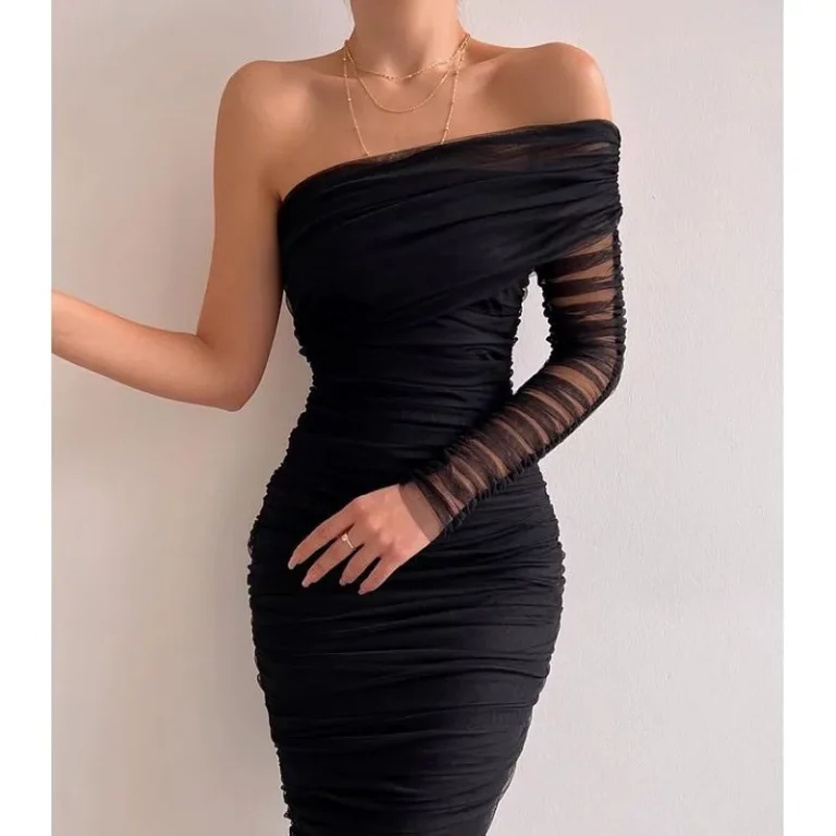 Solid Mesh One Shoulder Ruched Midi Dress - Image 1