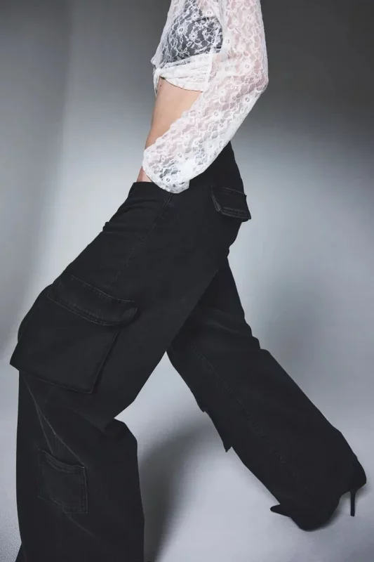 【Anyone more】24SS★ [A/M] Khama Black Denim Wide Pants XFLWAM Women's Baggy Wide Leg Jeans Barrel Horseshoe