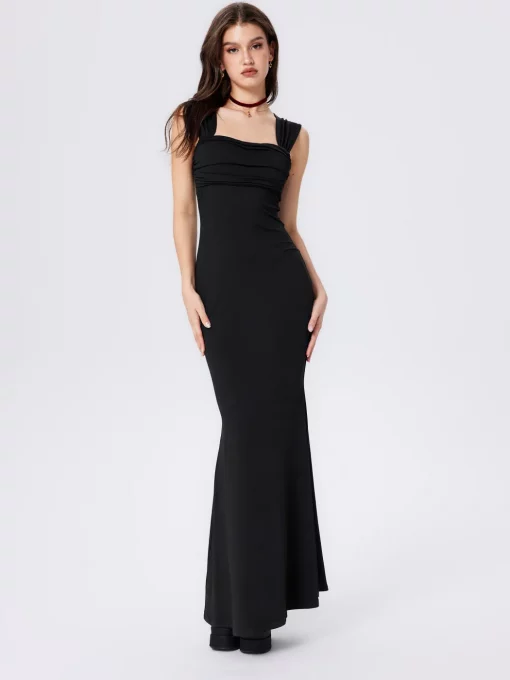 long black fishtail dress Norma Kamali Long Sleeve V Neck Shirred Fishtail Gown