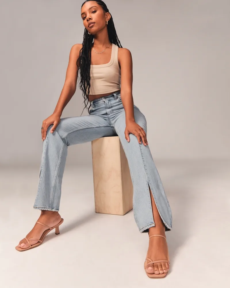 High Rise Front Slit Straight Jeans - NEWME 