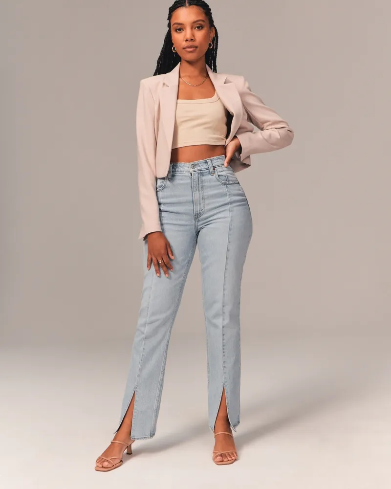 High Rise Front Slit Straight Jeans - NEWME 