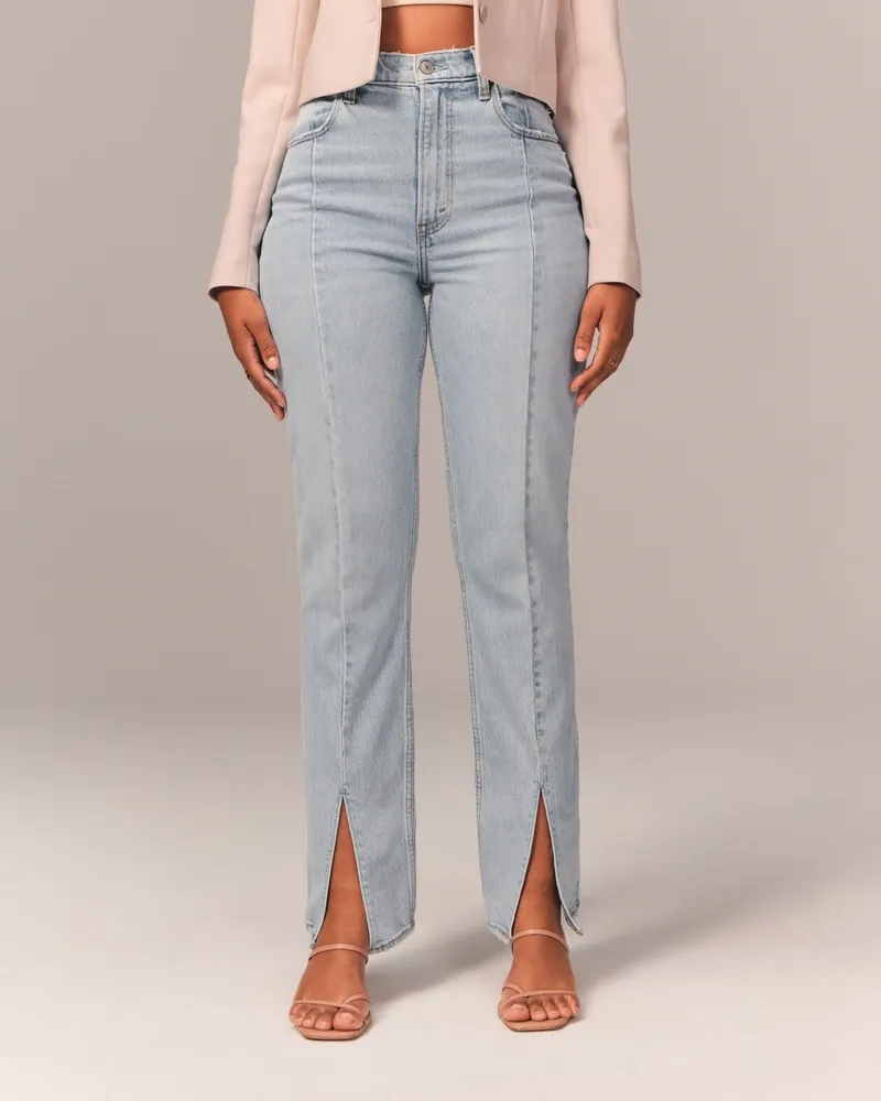High Rise Front Slit Straight Jeans - NEWME 