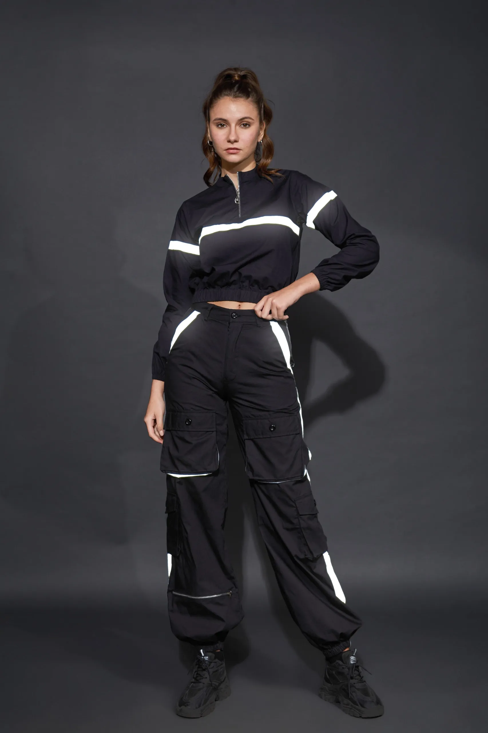 Reflective Zipper Top And Parachute Trousers Co Ord Set - NEWME