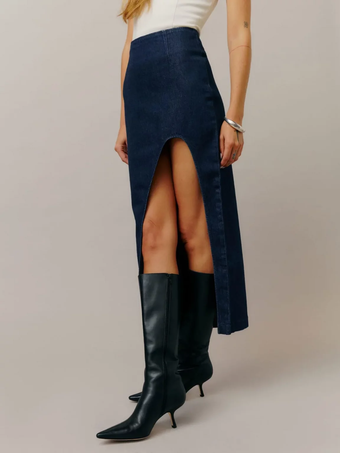Side Slit High Rise Maxi Denim Skirt - NEWME