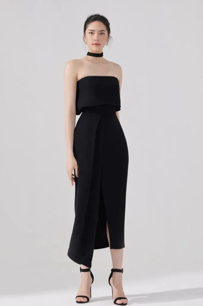 Black Over Fold Strapless Midi Dress - Image 1