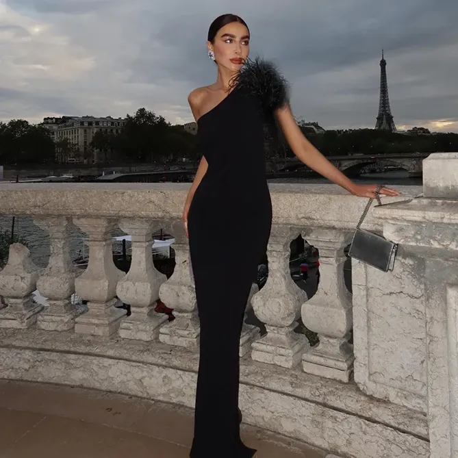 Solid Feather One Shoulder Maxi Dress - NEWME
