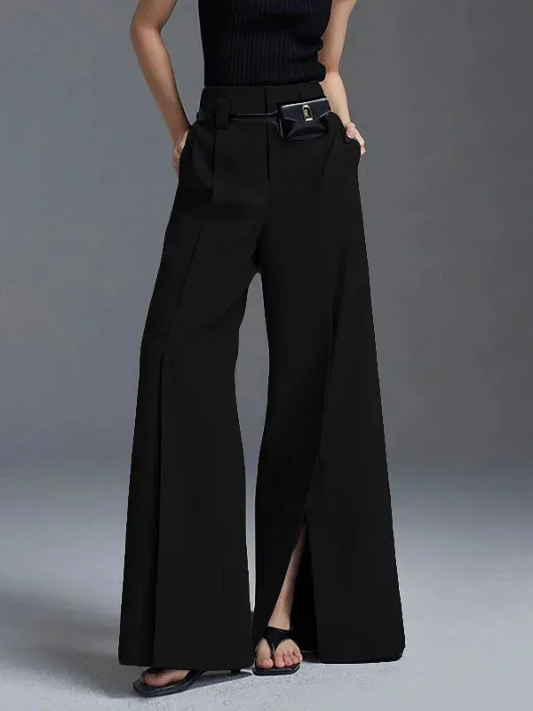 Solid Pleated Split Front Trousers - Image 1
