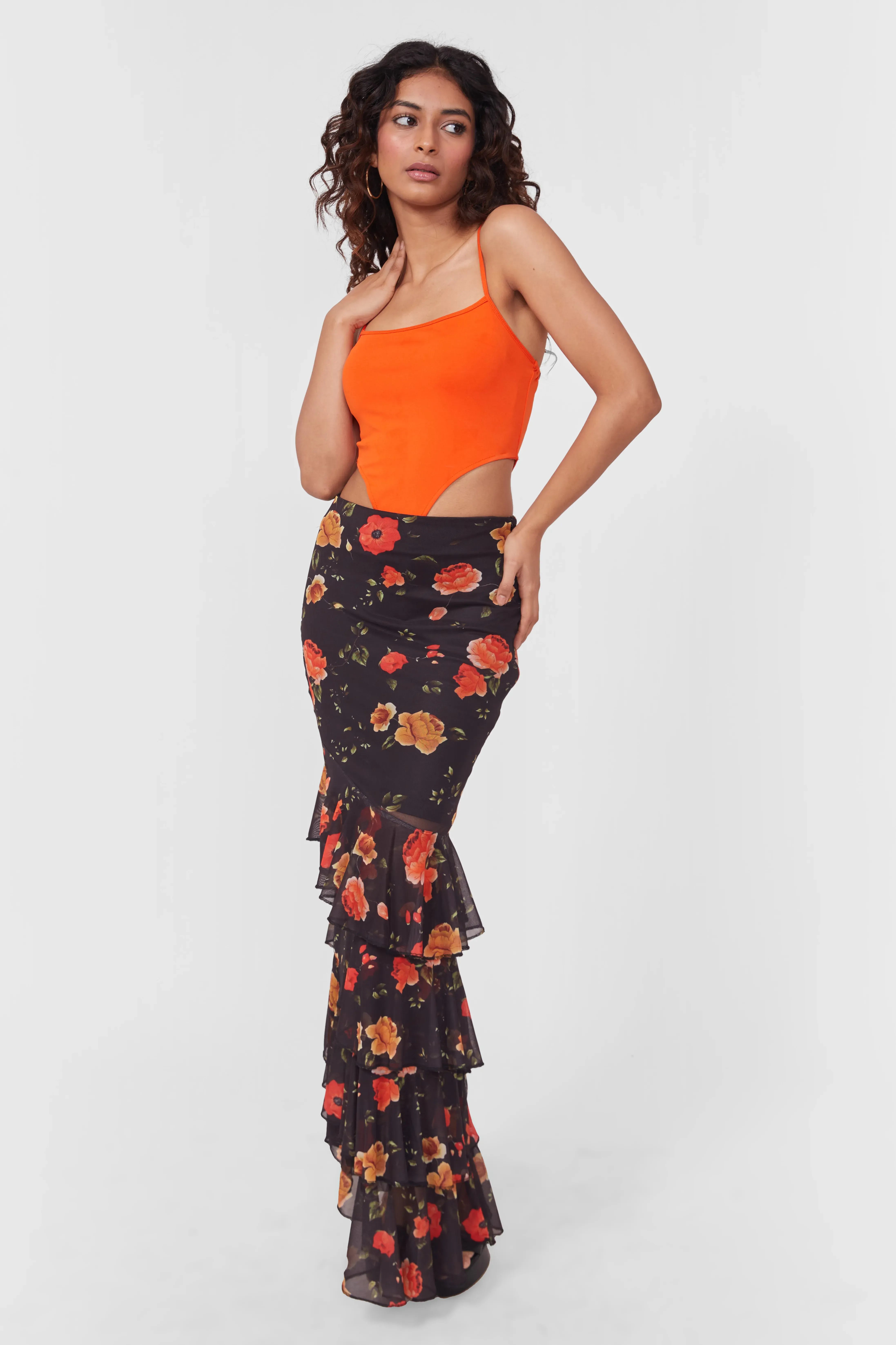 Flocked Mesh Ruffled Skirt