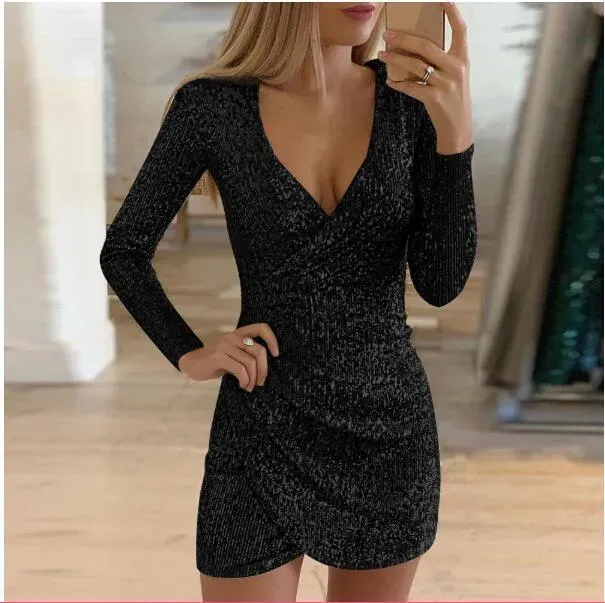 V-Neck Asymmetric Hem Sequin Dress - Image 1